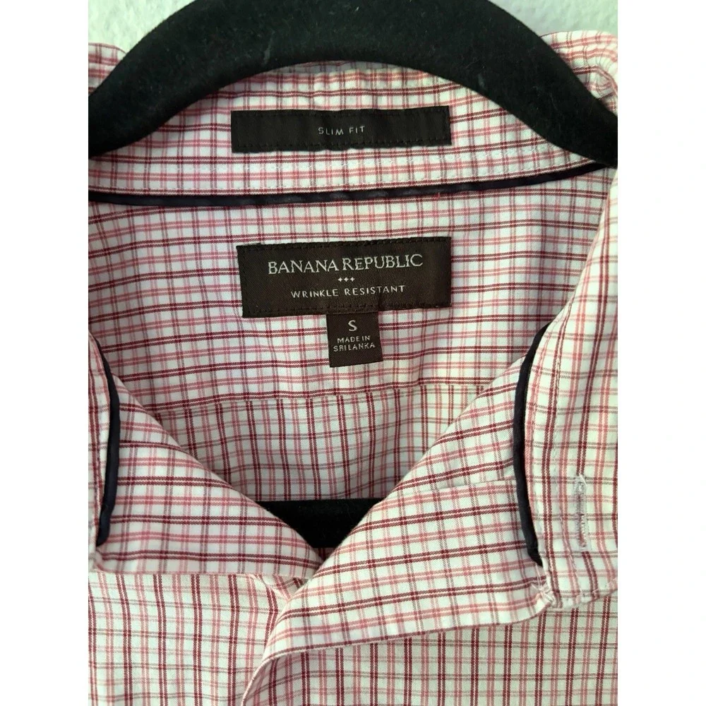 Banana Republic Mens Dress Shirt Slim Fit Wrinkle Resistant Red White Plaid S